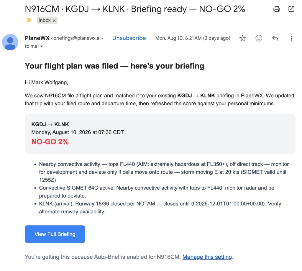 Auto-Brief email: PlaneWX matched N916CM's filed plan to an existing KGDJ to KLNK trip, updated the filed route and departure time, and refreshed the WX Score