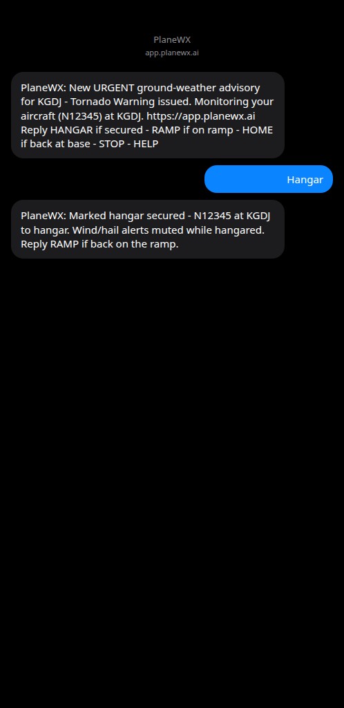 iPhone Messages thread: PlaneWX sends an Urgent tornado warning for N12345 at KGDJ; the pilot replies Hangar; PlaneWX confirms the aircraft is hangar-secured and wind/hail alerts are muted