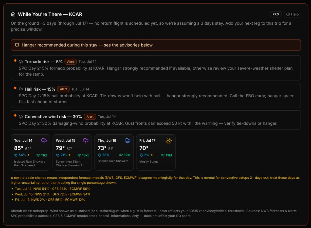 While You're There card showing a Hangar recommended banner with tornado, hail, and convective wind advisories