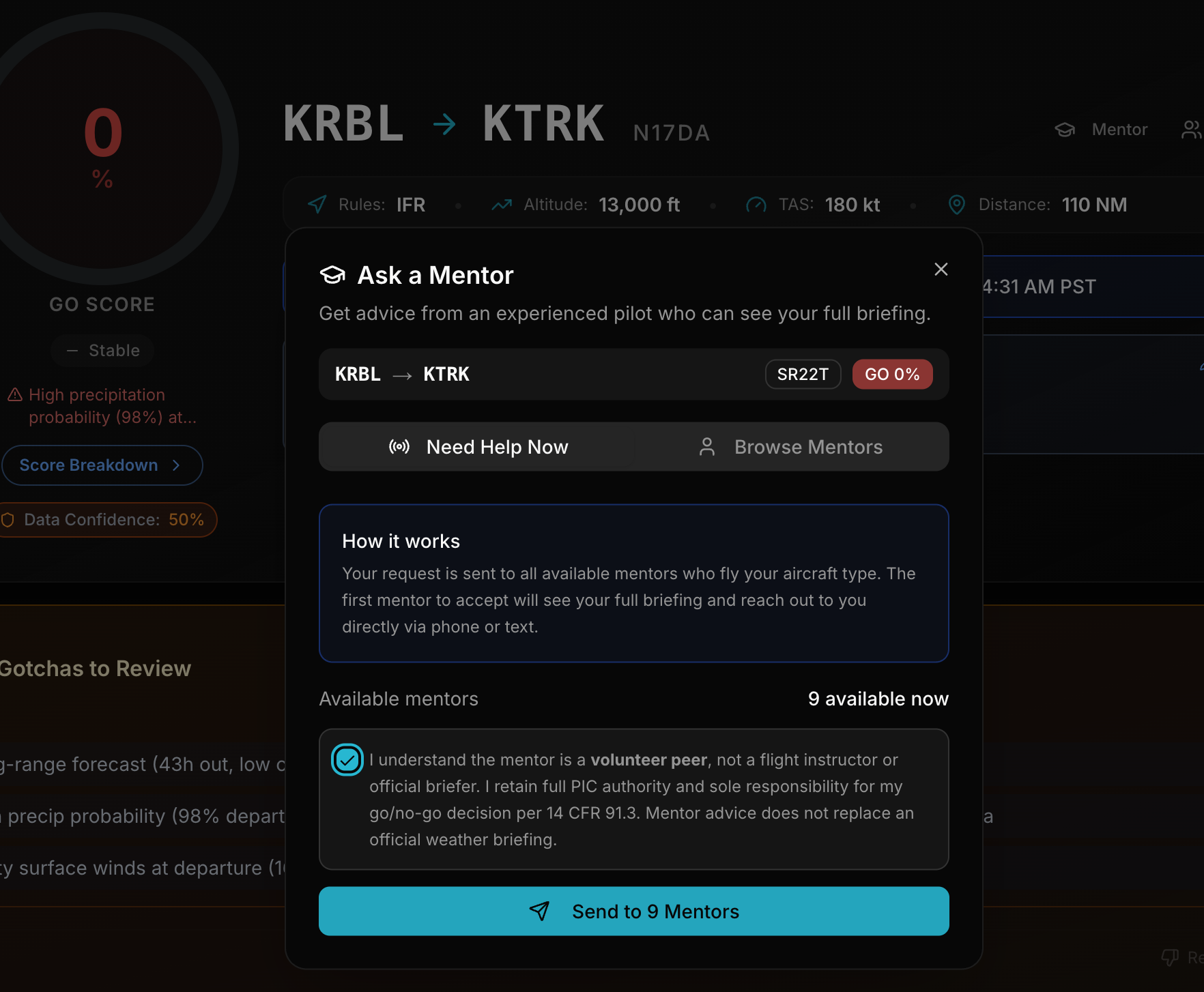 Ask a Mentor dialog showing Need Help Now tab with PIC acknowledgment and Send button