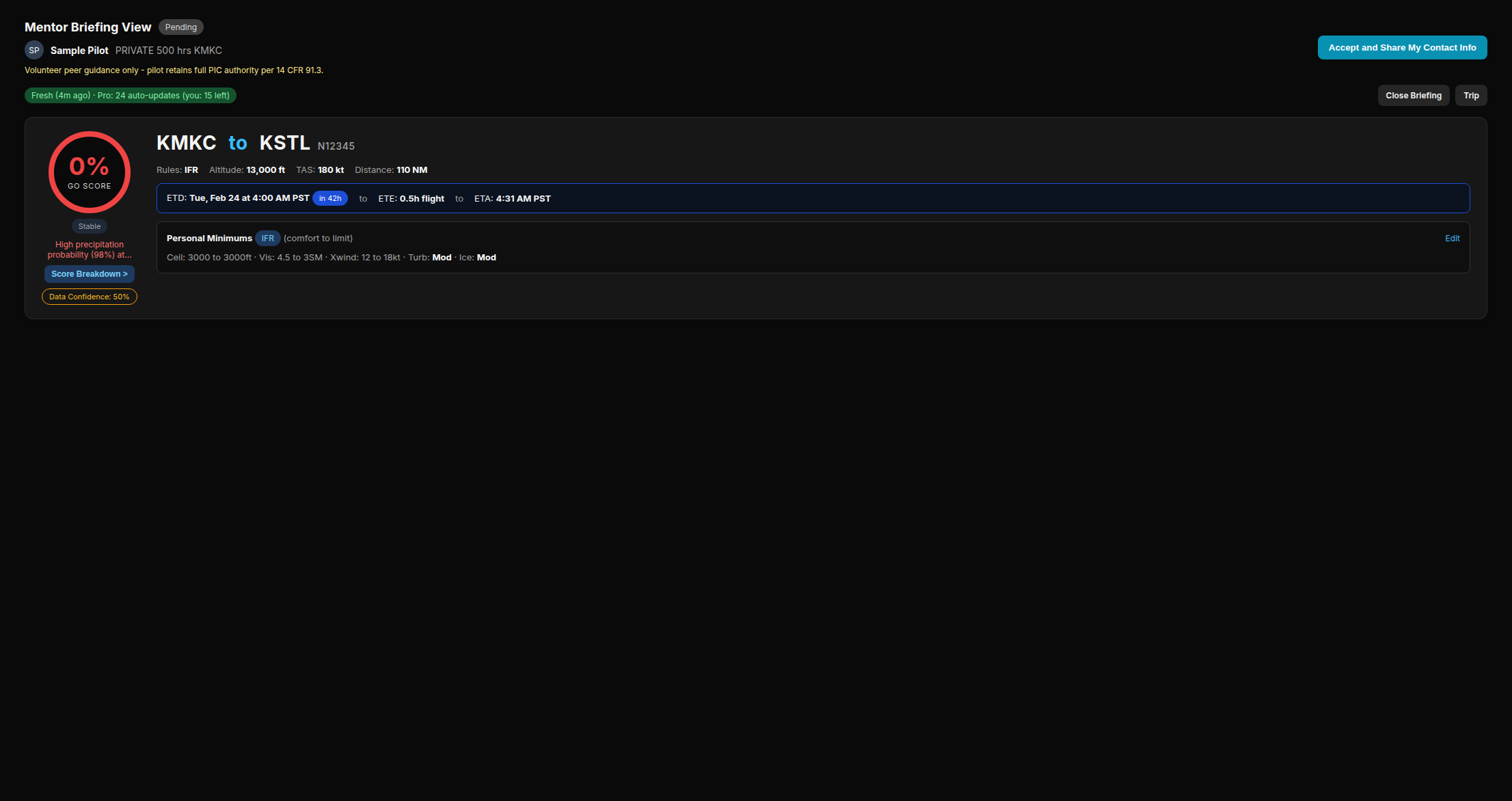 Mentor Briefing View showing a pending request with the pilot's full briefing and Accept button (sample placeholder data)
