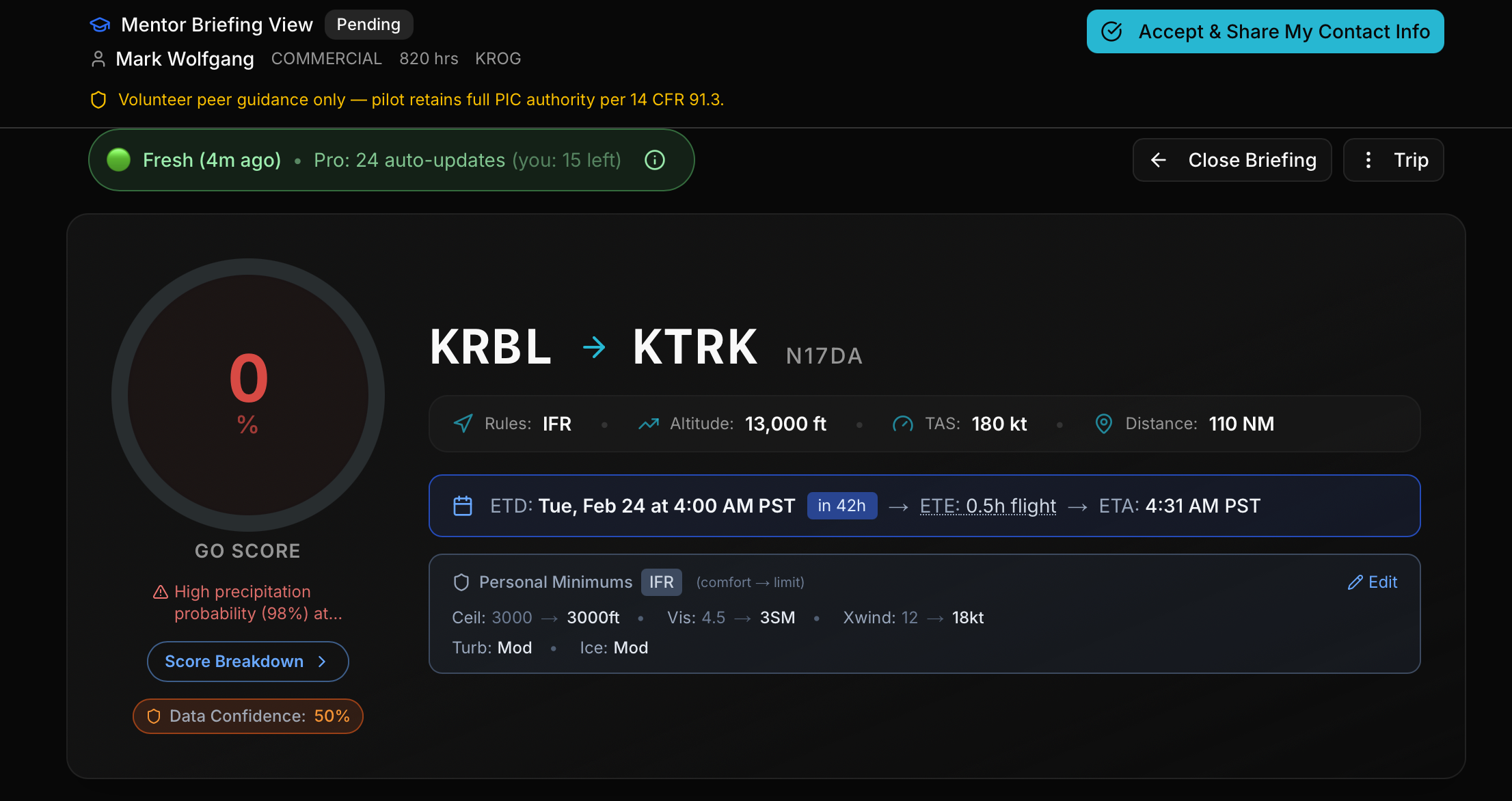 Mentor Briefing View showing a pending request with the pilot's full briefing and Accept button