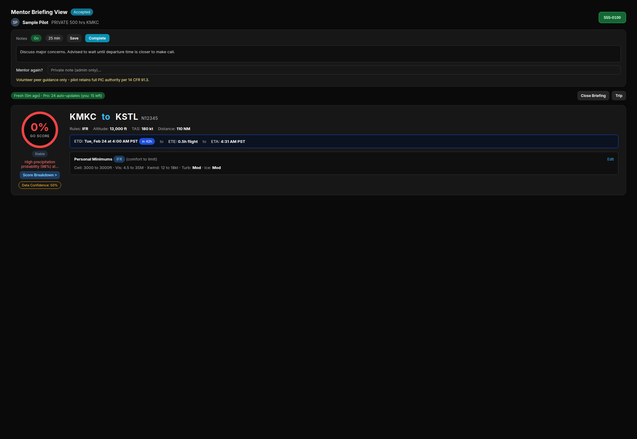 Mentor Briefing View after accepting, showing session notes with recommendation, call duration, and notes fields (sample placeholder data)