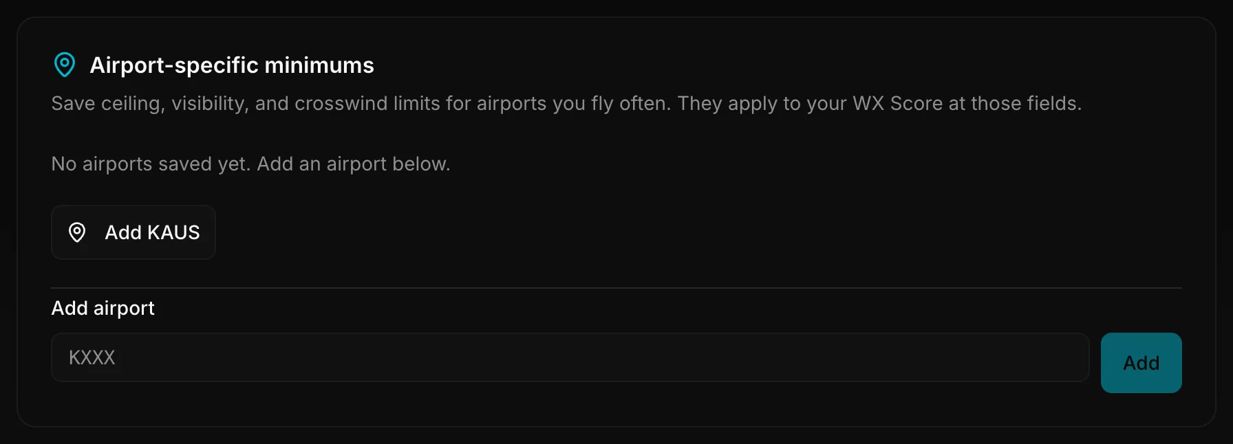 Airport-specific minimums card with an Add airport field