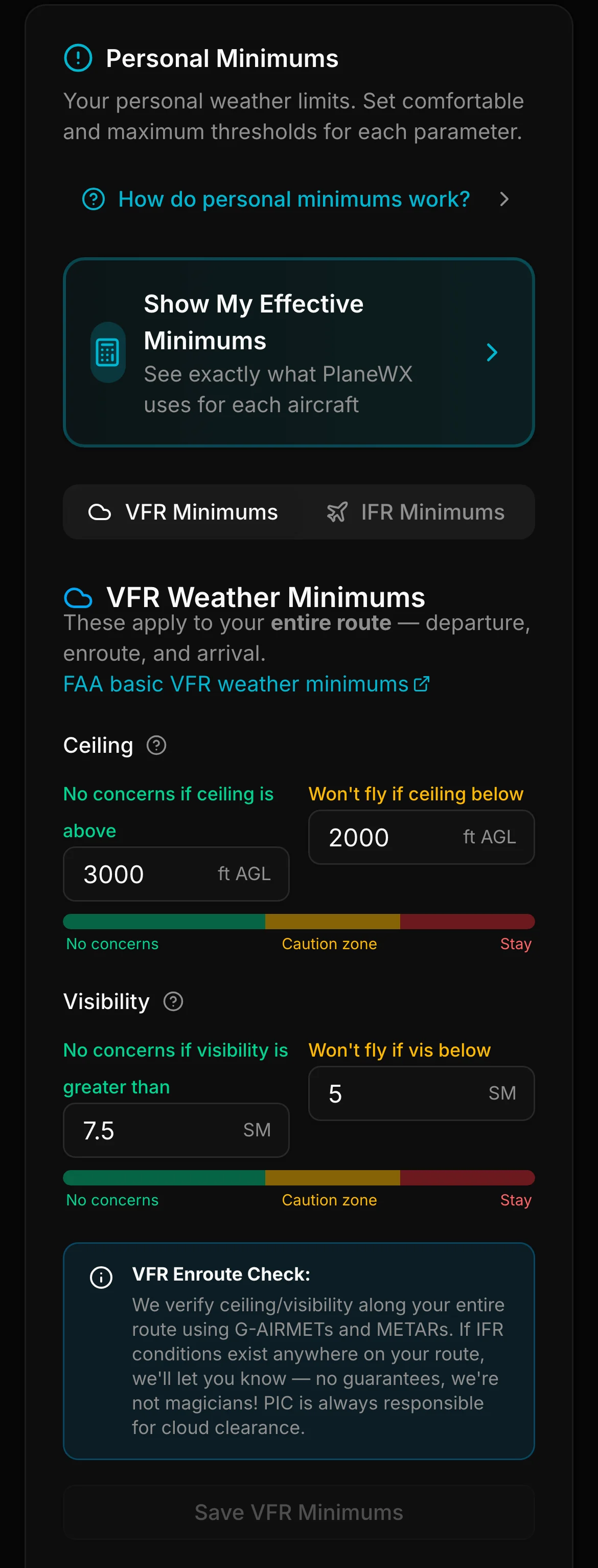 VFR Minimums form with ceiling and visibility limits