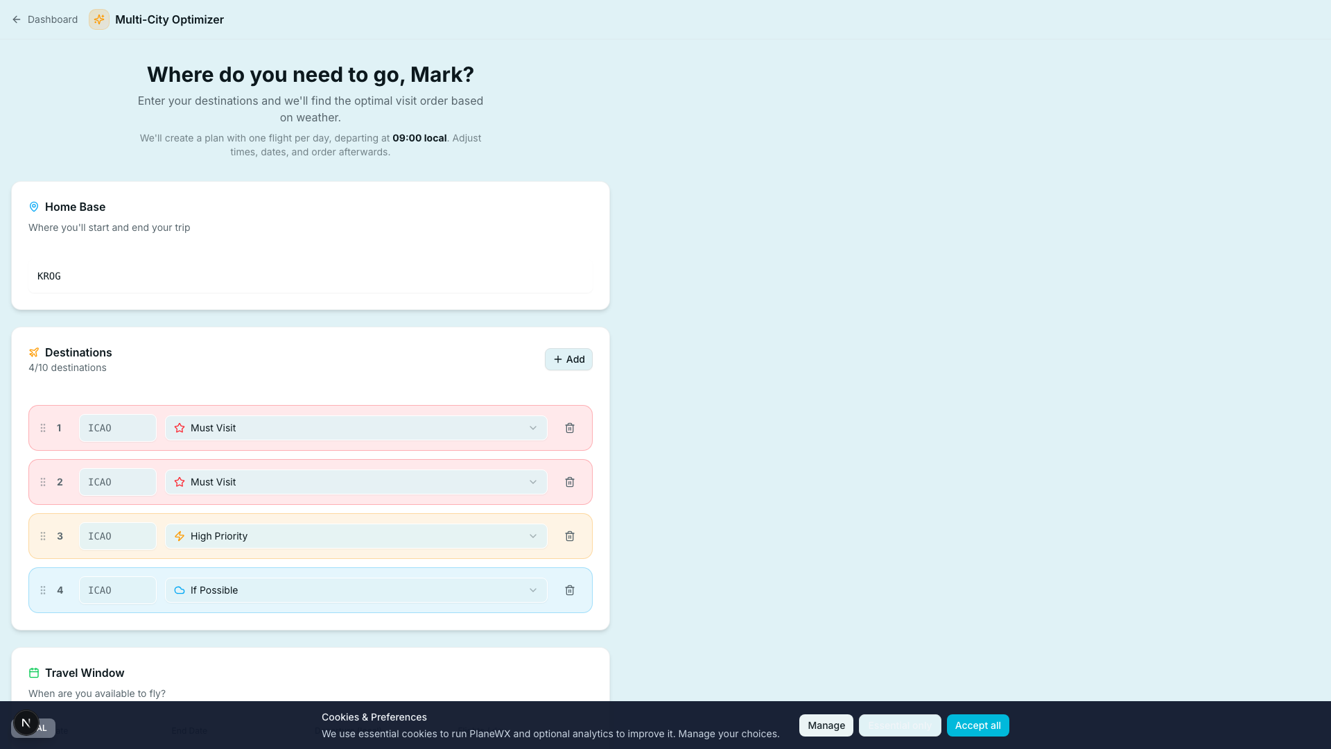 Multi-City Optimizer input form showing home base, destinations with priority levels, travel window dates, and aircraft settings