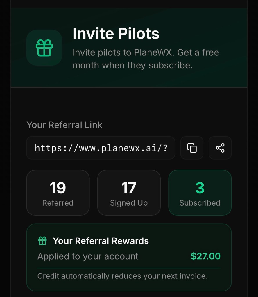 Invite Pilots section showing referral link, Referred / Signed Up / Subscribed counts, and rewards applied to the account