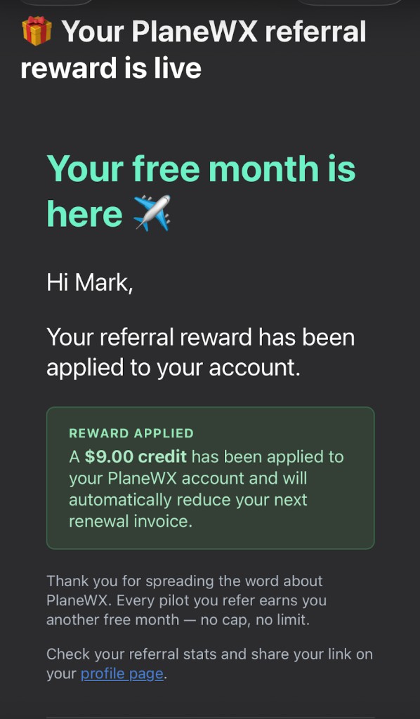 PlaneWX email titled Your PlaneWX referral reward is live, showing a $9.00 credit applied to the account